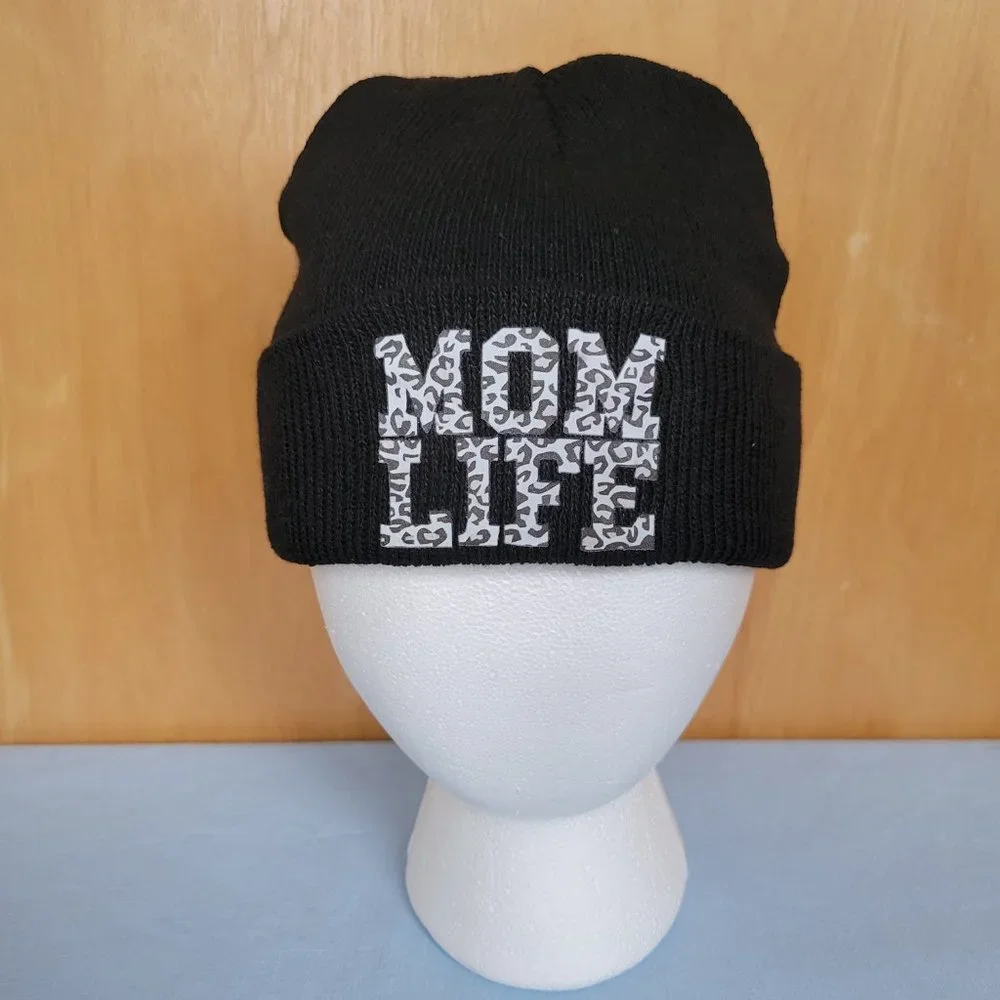 NEW Black Knit Beanie Mom Life Maternal Mommy Leopard Fuzzy Hat Skater Outdoor - Picture 2 of 5